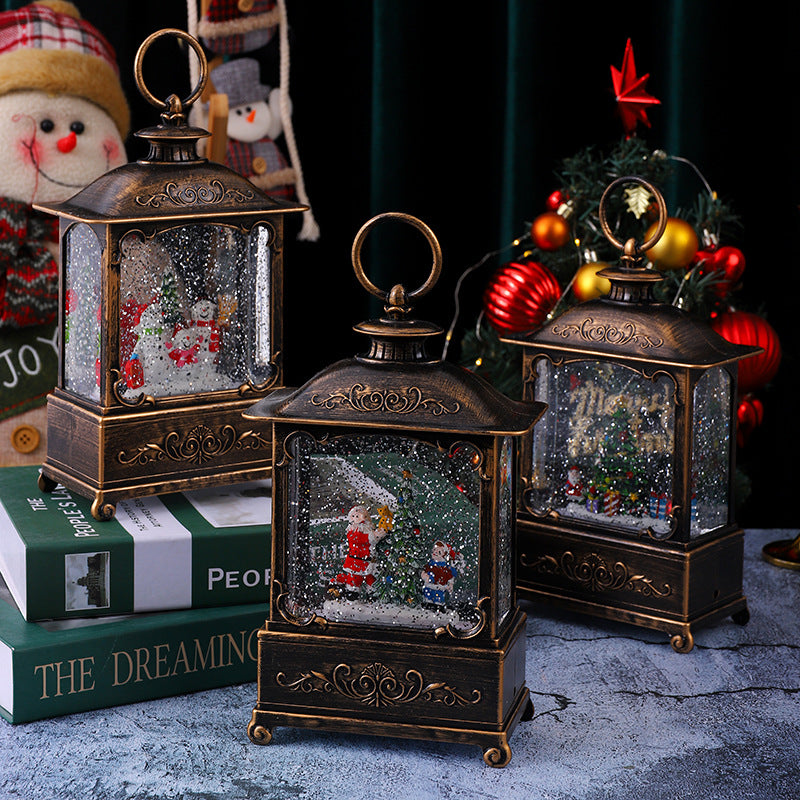 Glitzernde Weihnachtslaterne mit Schneeszenen Karnz