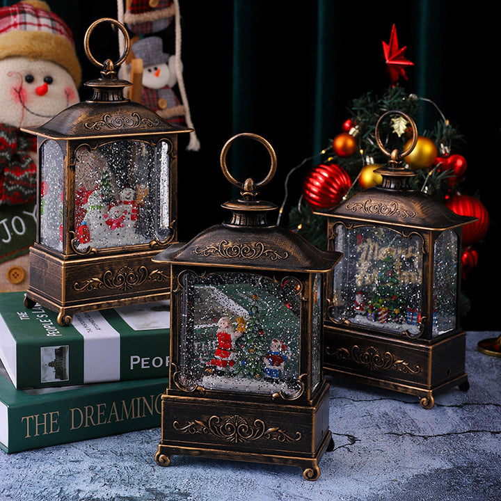 Glitzernde Weihnachtslaterne mit Schneeszenen Karnz