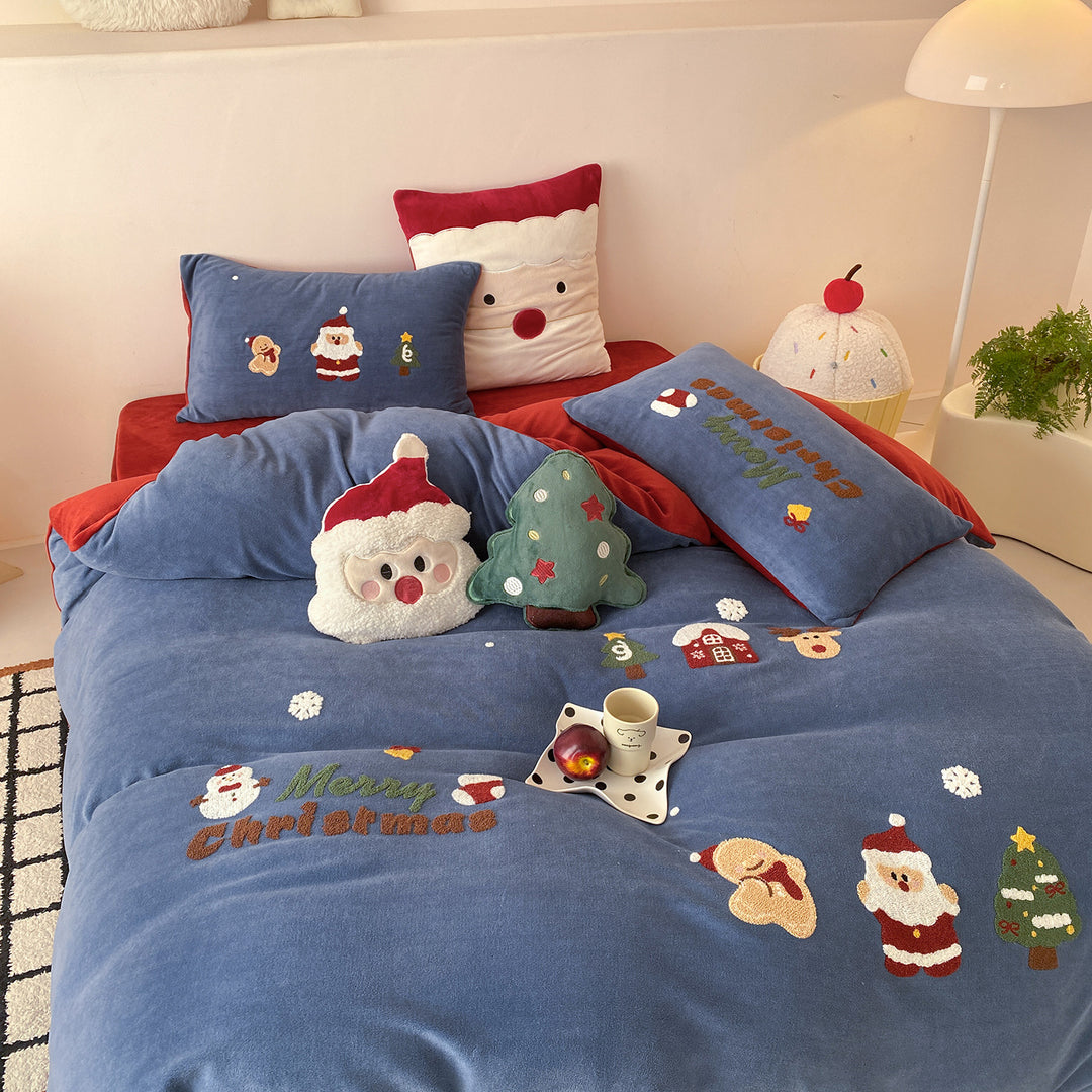 Holiday Embroidered Plush Velvet Reversible Duvet Cover Set with Decorative Pillow Shams