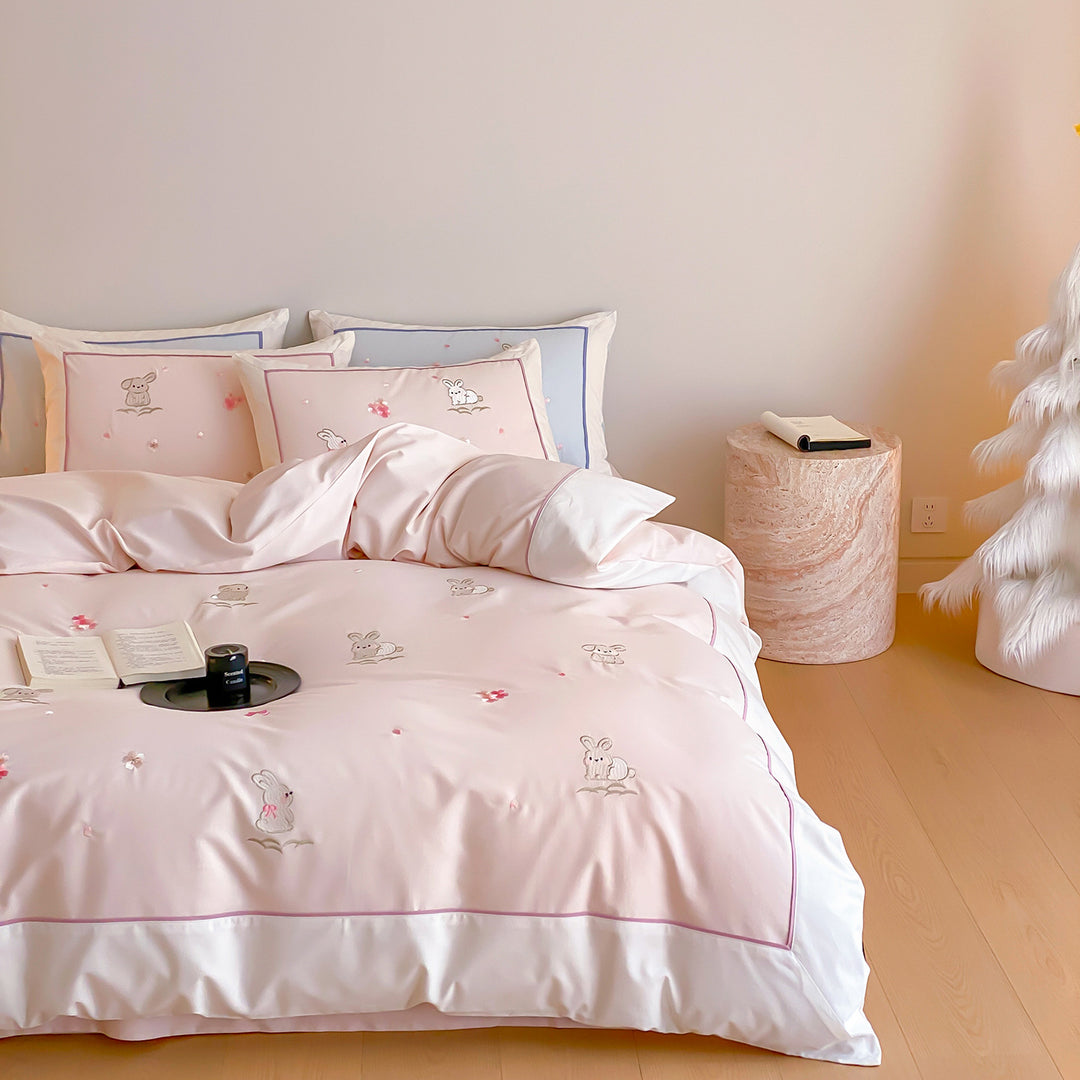Bunny Gestickte Luxus Baumwolle Bettbezug Set