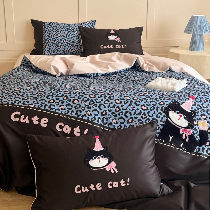 Bettwäsche-Garnitur mit niedlichem Katzen-Motiv, Leopardenprint und Baumwollsatin-Bezug