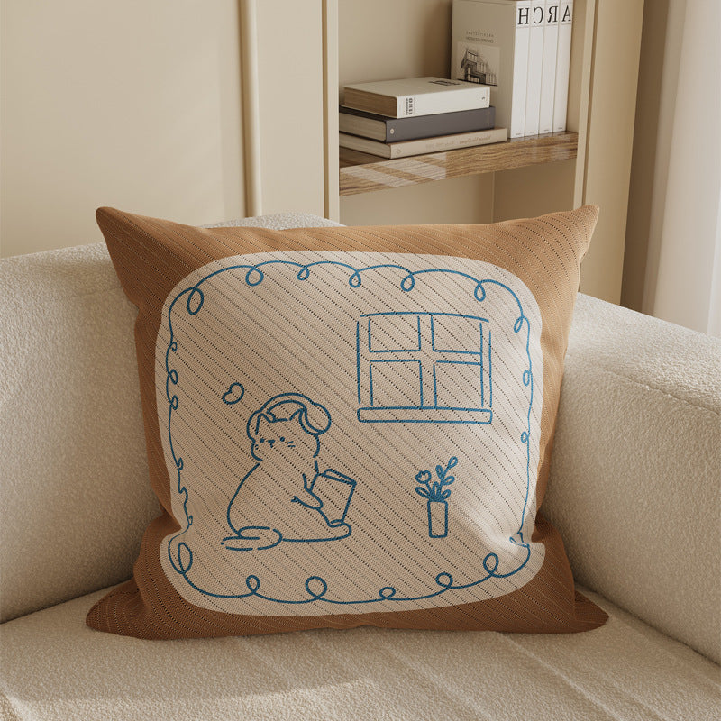 Square Cotton-Linen Decorative Throw Pillow Cover with Minimalist Reading Cat Line Art and Hidden Zipper