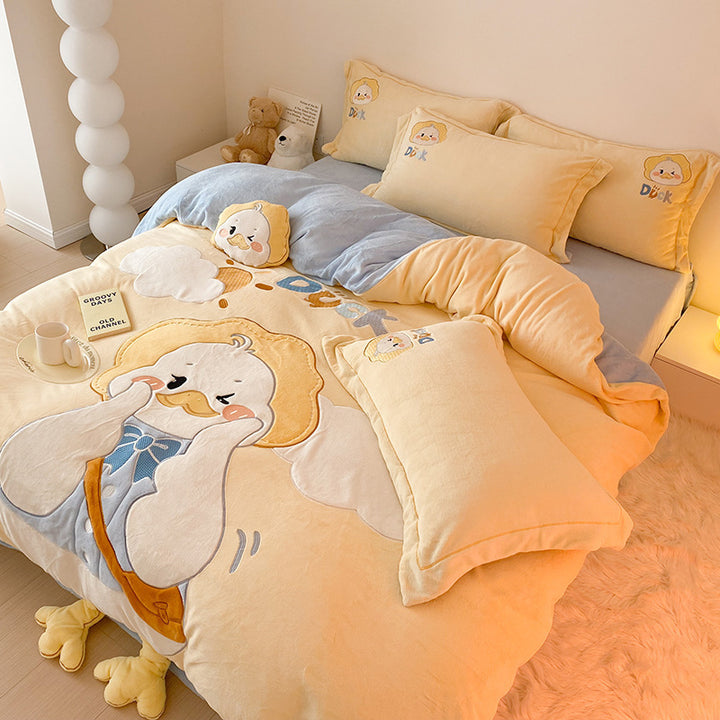 Plüsch Cartoon Ente Flanell Bettwäsche Set