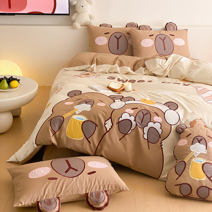 Kinder Cartoon Katze Baumwollsatin Bettbezug Set mit ohrförmigen Kissenbezügen und plüschigem Akzentkissen