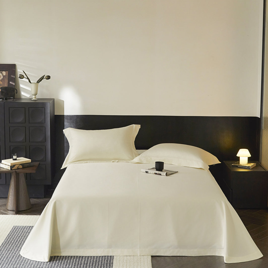 Glatte Baumwoll-Satin Bettlaken und Oxford-Kissenbezug Set Hotel-Stil Seidiger Finish