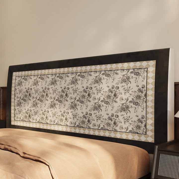 Removable Quilted Upholstered Headboard Slipcover with Framed Toile Floral Panel