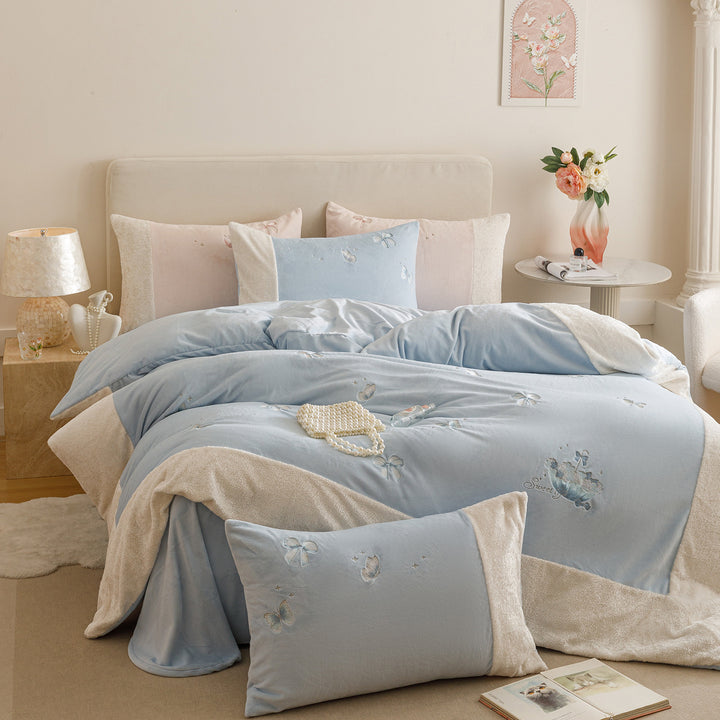 Bestickter Schmetterling Plüsch Sherpa-Trim Baumwollsatin Bettbezug Set