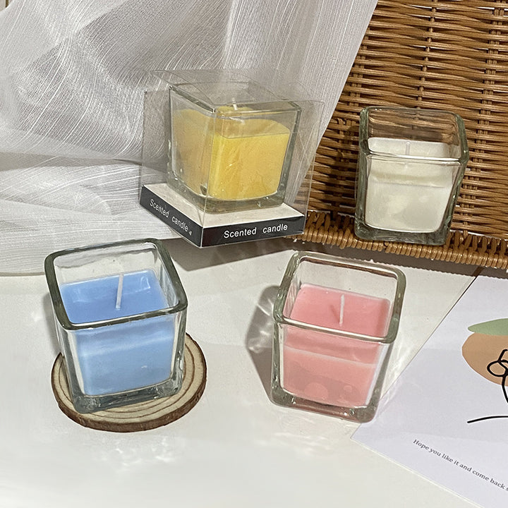 Quadratische Glas-Teelicht Duftsojawachskerze mit Baumwolldocht Minimalistisches Gefäß