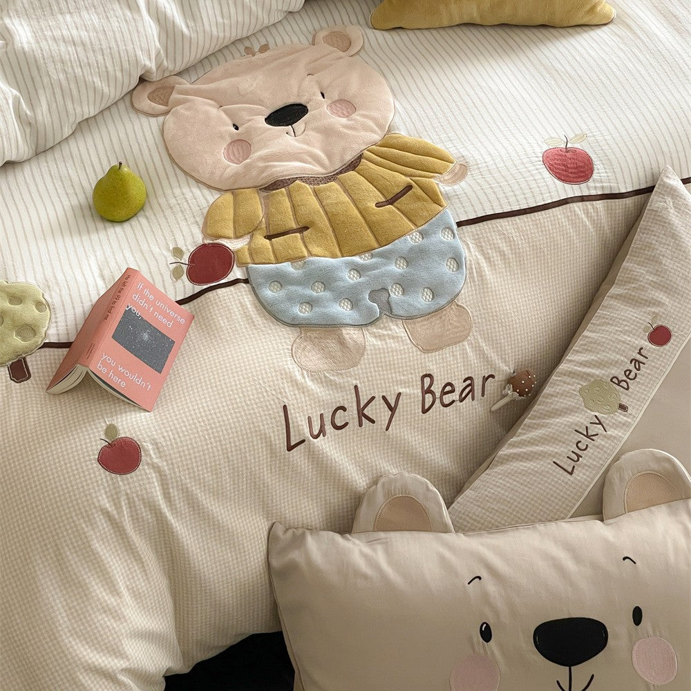 Kinder Appliqué Bär gesteppte Baumwoll-Bettbezug Set mit dekorativem Kissen