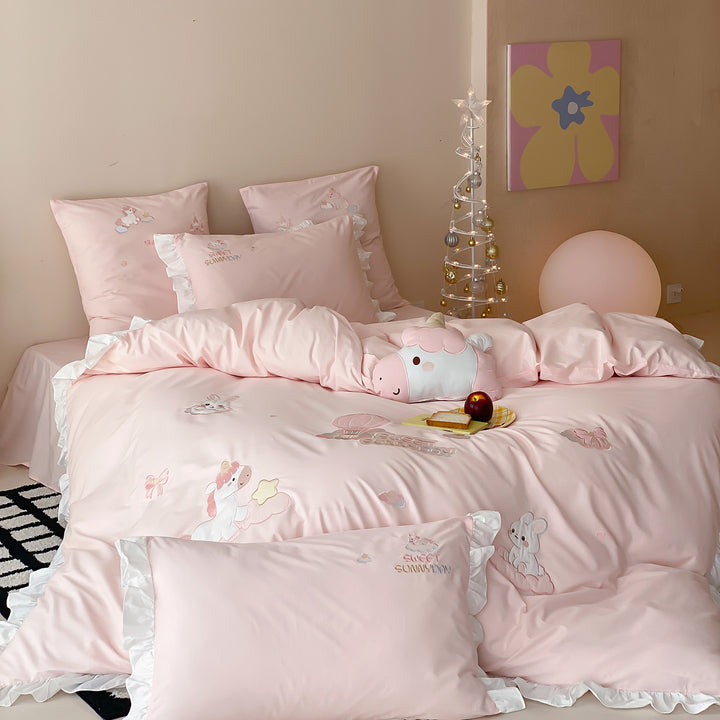 Embroidered Cotton-Sateen Ruffled Duvet Cover Set with Tailored Bedskirt & Decorative Pillow Shams