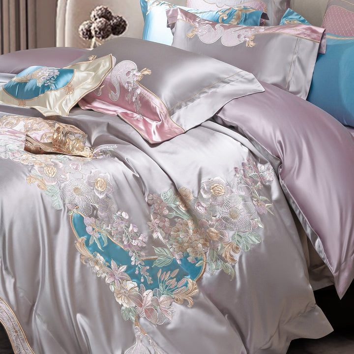 Besticktes Luxus Satin-Feel Bettbezug Set mit verstecktem Reißverschluss & Oxford Kissenbezügen