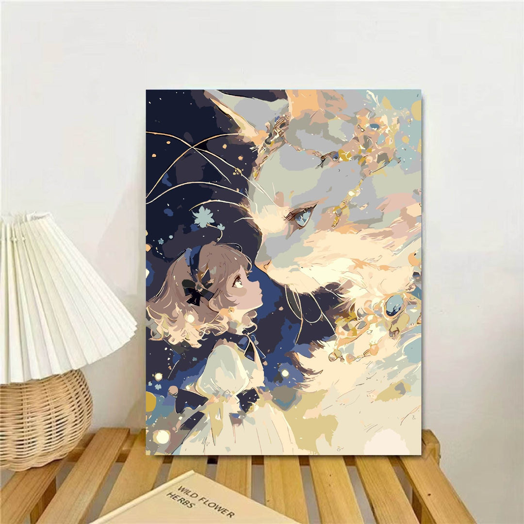 Verspielte Fantasie Katze und Mädchen Wandkunst Karnz