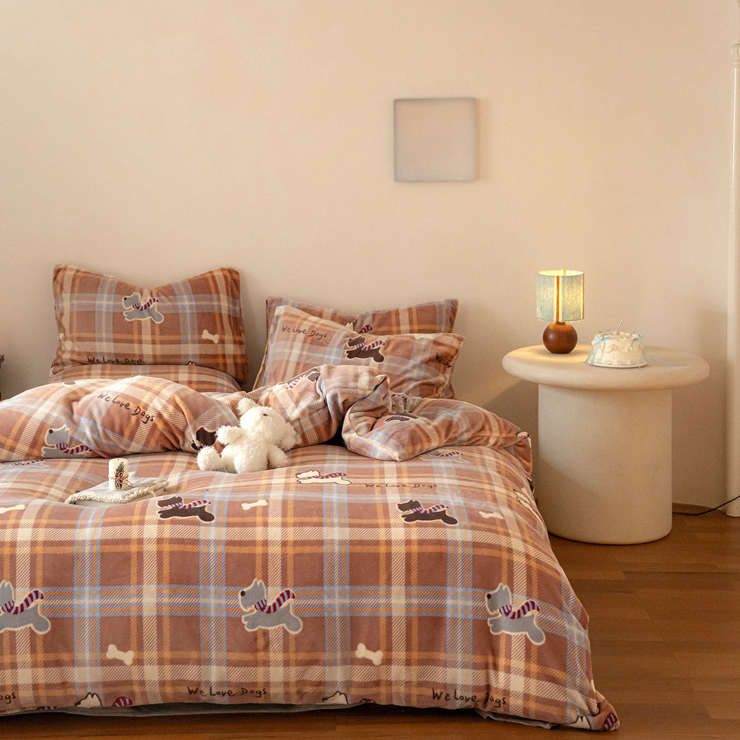 Kinder-Bettwäsche-Set aus kuscheligem Flanell mit kariertem Tiergesichter-Print und Reißverschluss