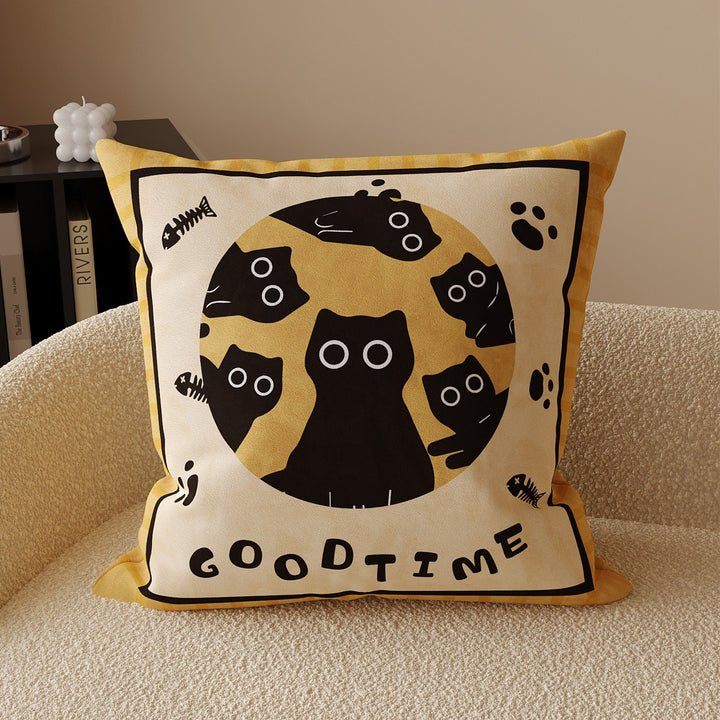 Decorative Striped Cotton-Linen Throw Pillow Cover with Playful Black Cat Motif