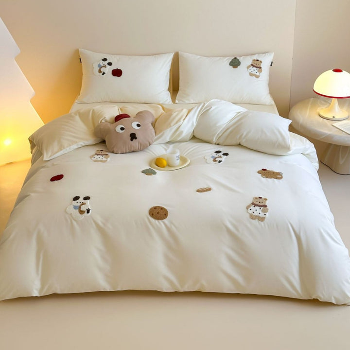Teddy bestickte Baumwollbettwäsche und Kopfkissenbezug Set mit plüschigem Akzentkissen