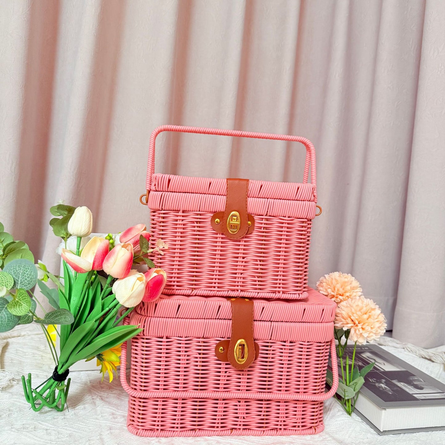 Damen Handgefertigter Rattan Picknickkorb Karnz
