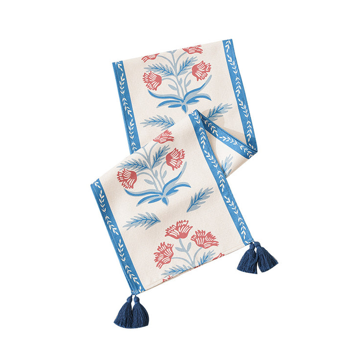 Leinen-Tischläufer im Vintage-Floralprint mit dekorativen Quasten Karnz