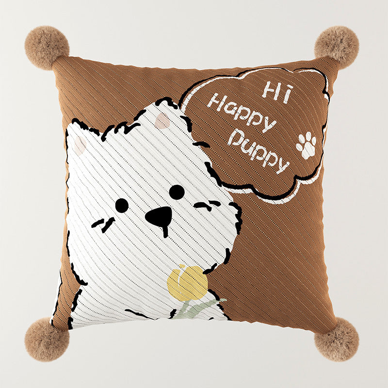 Square Pom-Pom Knit Decorative Throw Pillow Cover with Cartoon Bear Panel and Textured Weave