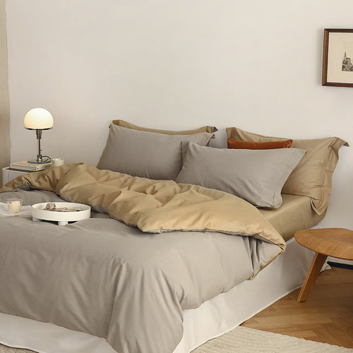 Wendbares Baumwoll-Satin-Bettbezug-Set mit Hotelverschluss und kontrastierter Kantenverarbeitung
