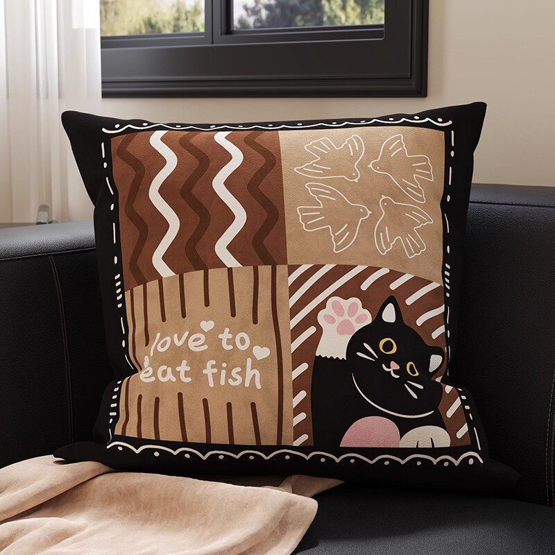 Plush Square Throw Pillow Cover with Happy Kitten Print and Hidden Zipper