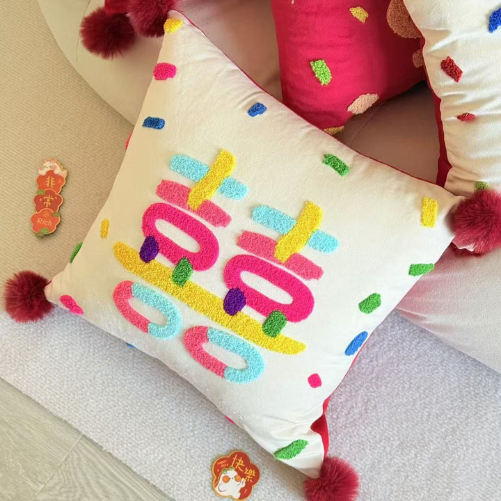 Buntes Chenille-geplüschtes quadratisches Wurfkissen mit plüschigen Pom-Pom-Ecken und abnehmbarem Einsatz