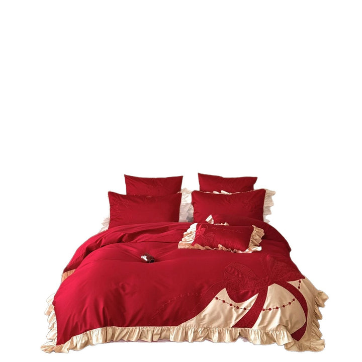 Premium Satin-Bettgarnitur mit Volant-Rüsche und applizierter Schleifen-Stickerei Karnz
