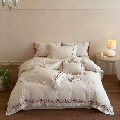 Bestickte Baumwolle Bettwäsche Set mit Rüschensaum