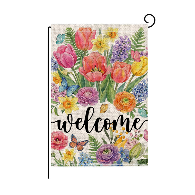 Aquarell Floral Willkommen Gartenflagge Doppelseitige Jute-Textur Outdoor Dekorative Gartenbanner