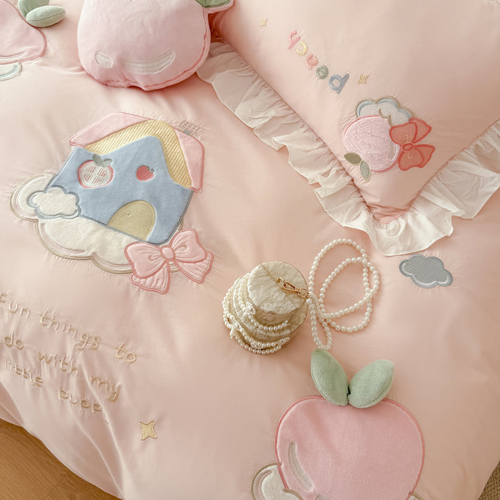 Embroidered Peach Appliqué Ruffled Duvet Cover Bedding Set with Decorative Pillow Shams
