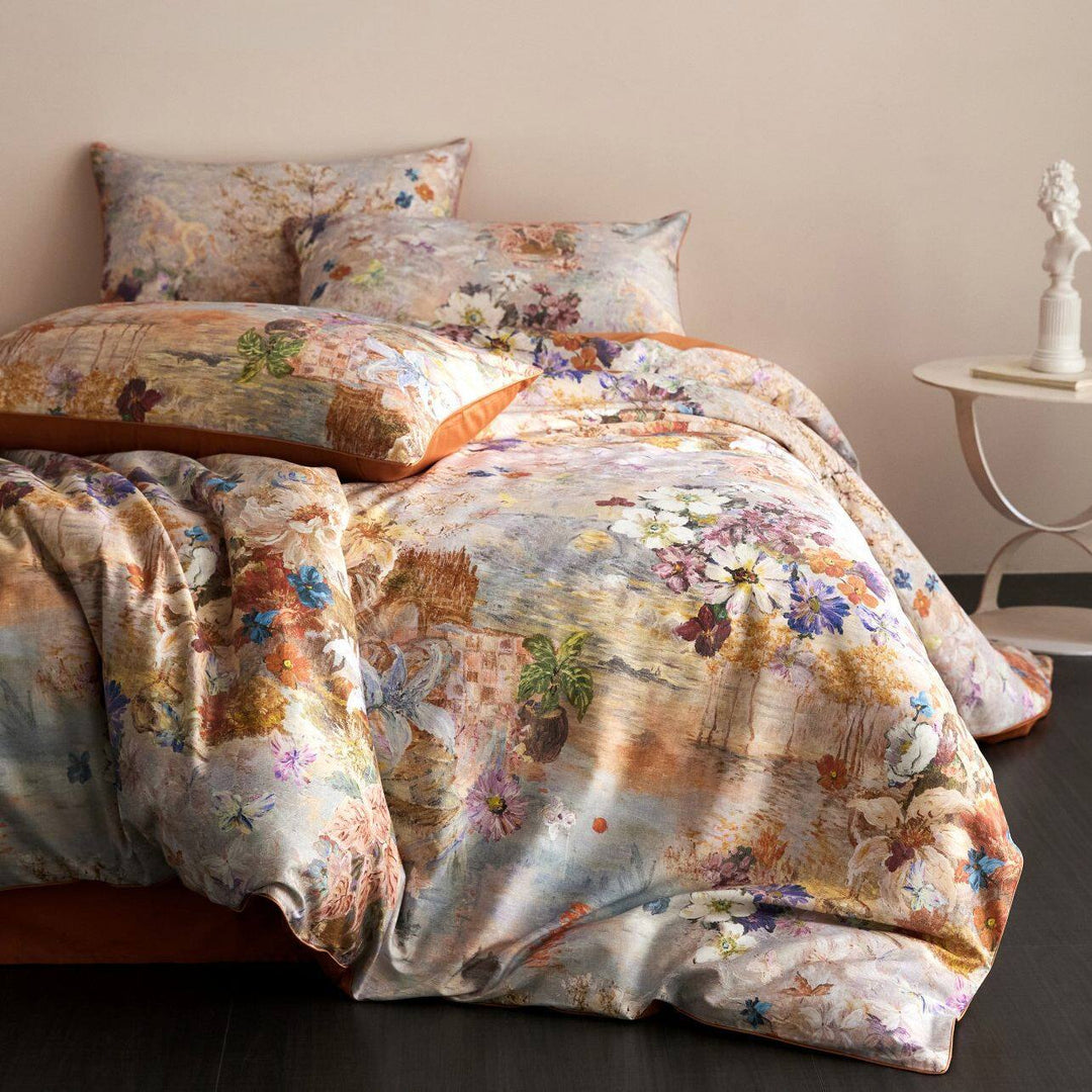 Blumen Satin-Feel Bettdeckenbezug-Set mit Oxford-Kissenbezügen