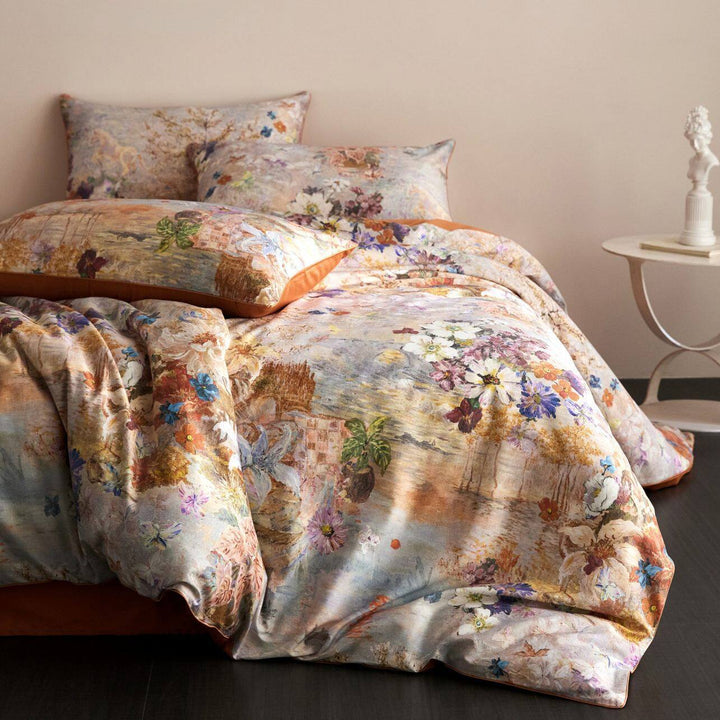 Blumen Satin-Feel Bettdeckenbezug-Set mit Oxford-Kissenbezügen