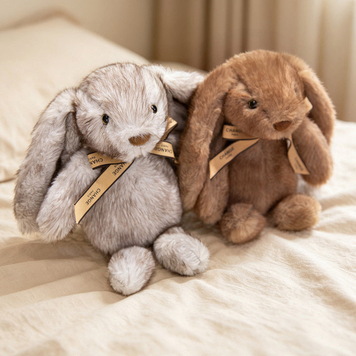 Squat Plush Bunny Cuddle Doll mit langen hängenden Ohren, gewichtetem Boden und Grosgrain-Band Karnz