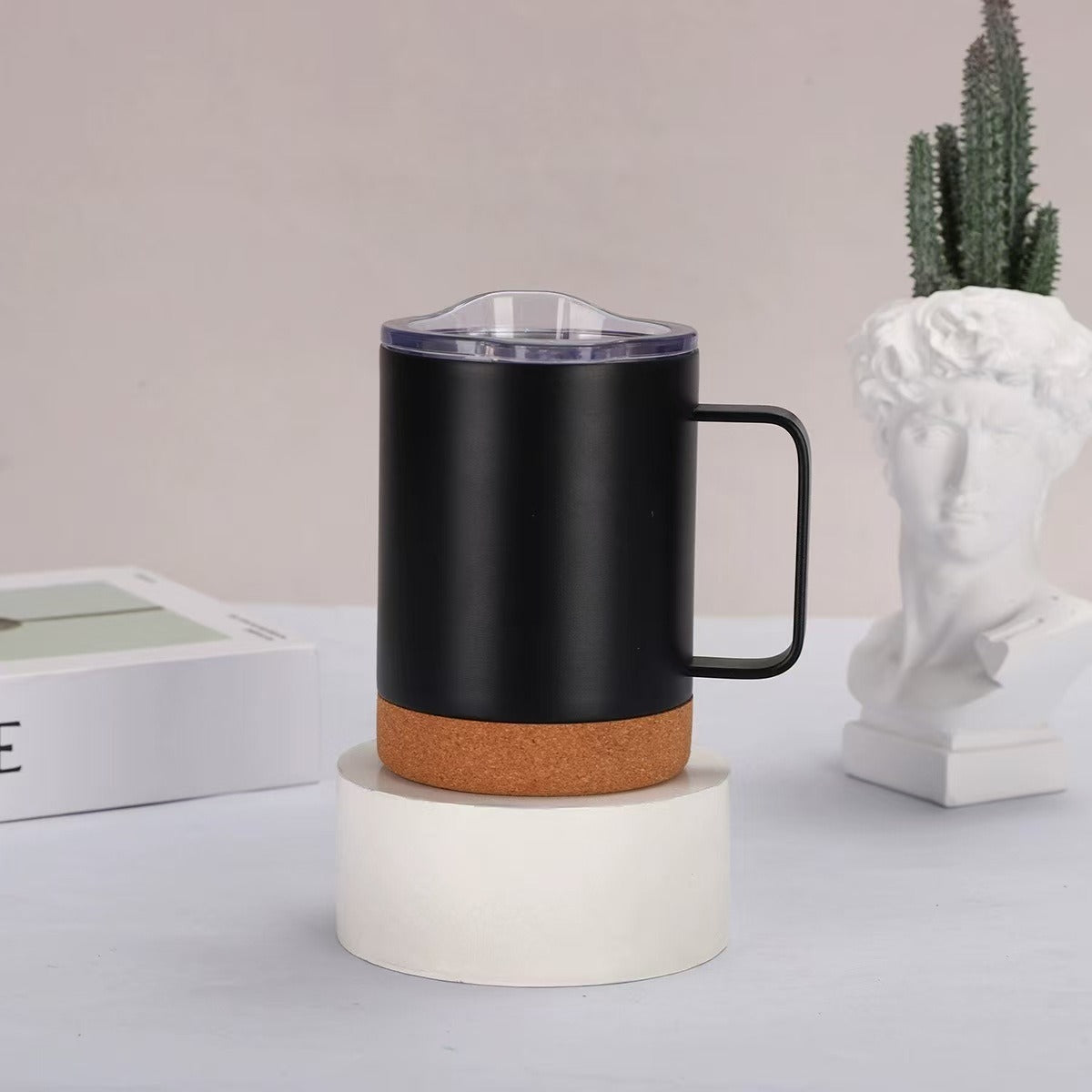 Damen eleganter Kaffeebecher mit Korkboden und durchsichtigen Deckel Karnz