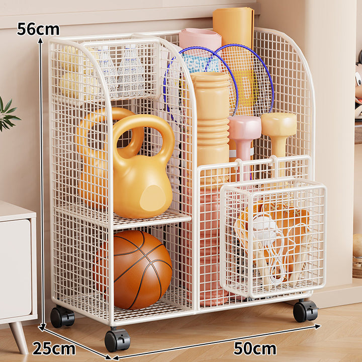 Rollender Mesh-Sportgeräte-Storage-Wagen mit Mehrfach-Organizer und verriegelbaren Rollen