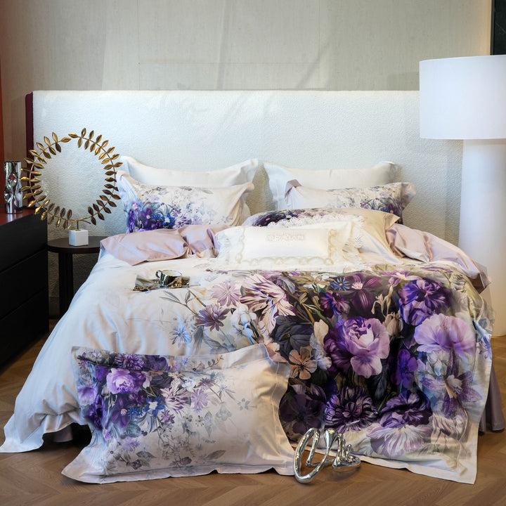 Luxuriöses Seidengefühl Satin Bettwäsche Set mit übergroßem botanischem Druck & Spitzenbesatz-Kissenbezügen