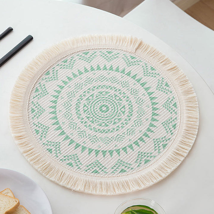 Rundes gewebtes Tisch-Platzset mit Fransenrand und Mandala-Jacquard
