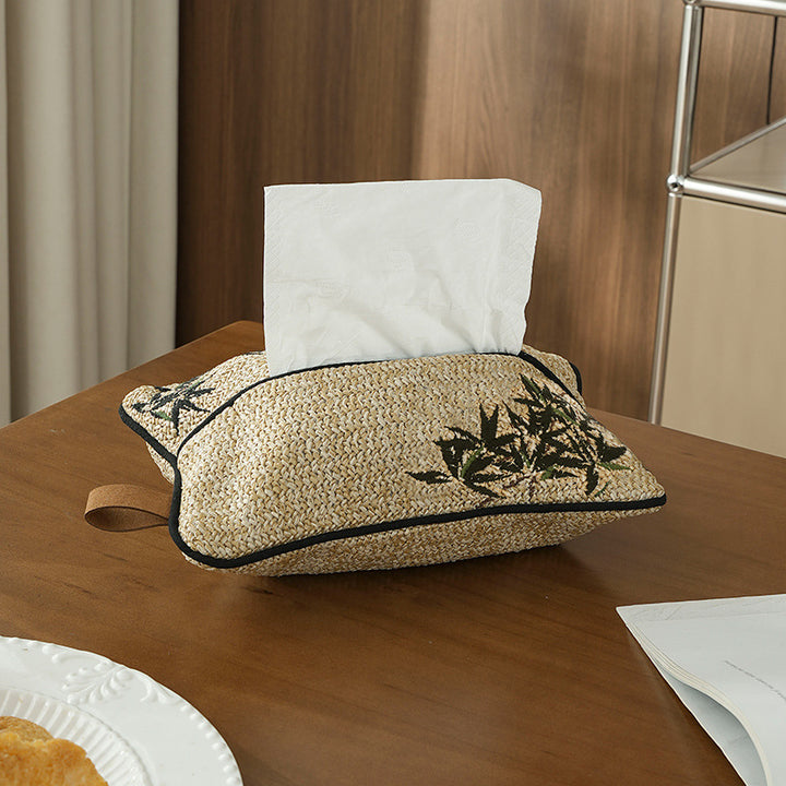 Gewebte Taschentuchbox-Hülle in Stroh-Optik mit besticktem Blumenmotiv Karnz