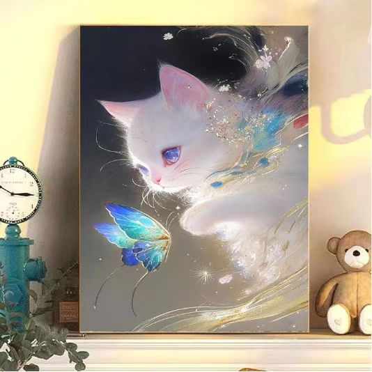 Verzaubernder Katzen- und Schmetterlings-Kunstdruck Karnz