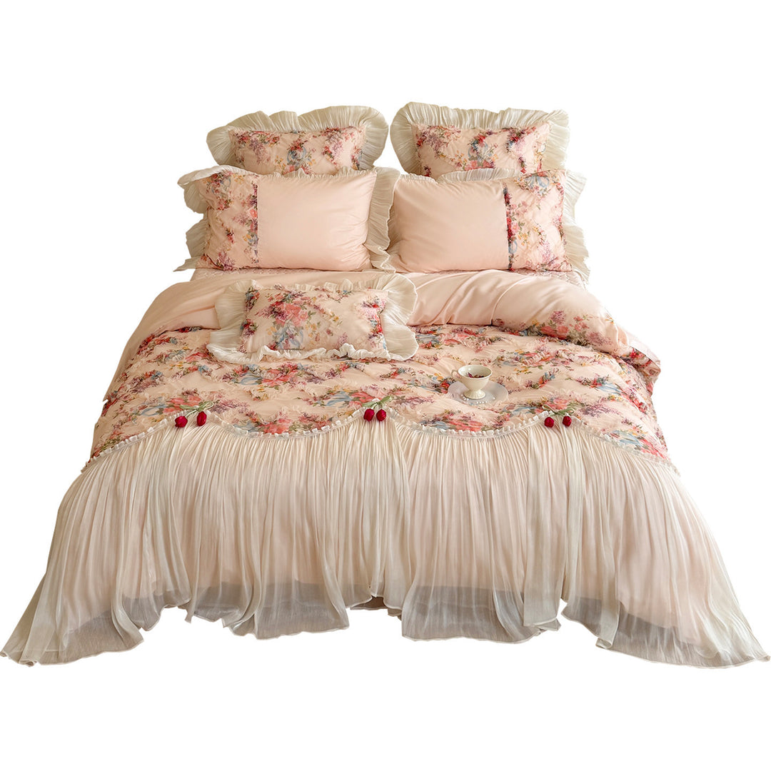 Romantisches Schichten Chiffon Plissierte Bettbezug Set mit Floralen Organza Rüsche und Kissenbezüge