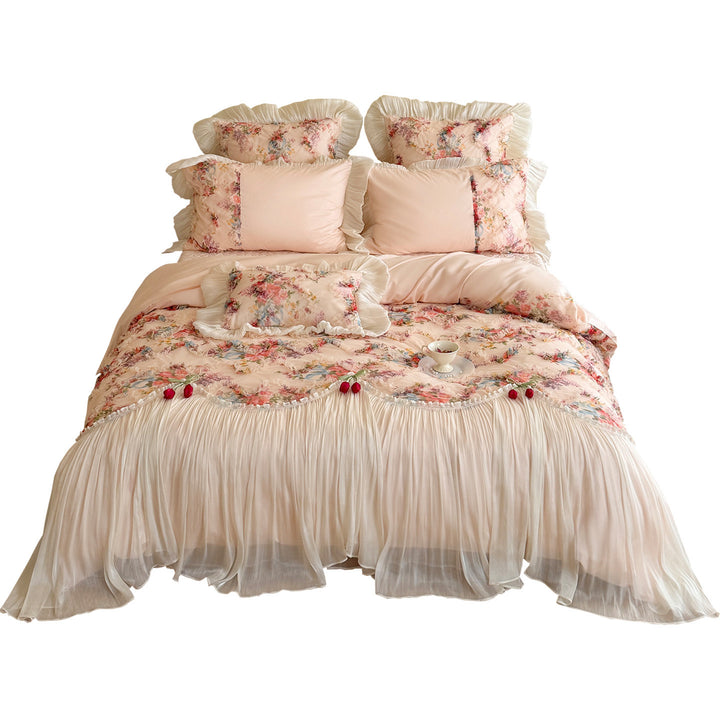 Romantisches Schichten Chiffon Plissierte Bettbezug Set mit Floralen Organza Rüsche und Kissenbezüge