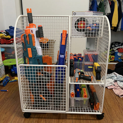 Rollender Mesh-Sportgeräte-Storage-Wagen mit Mehrfach-Organizer und verriegelbaren Rollen