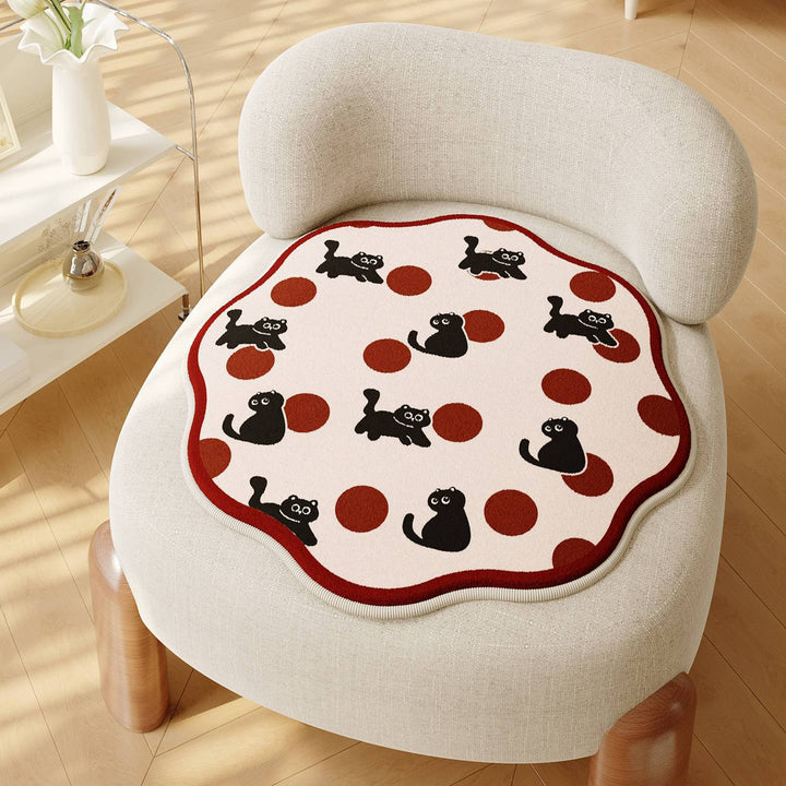 Decorative Scalloped Round Chair Seat Cushion Pad with Cartoon Cat and Polka Dot Print