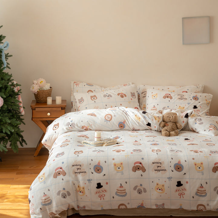Kinder-Bettwäsche-Set aus kuscheligem Flanell mit kariertem Tiergesichter-Print und Reißverschluss
