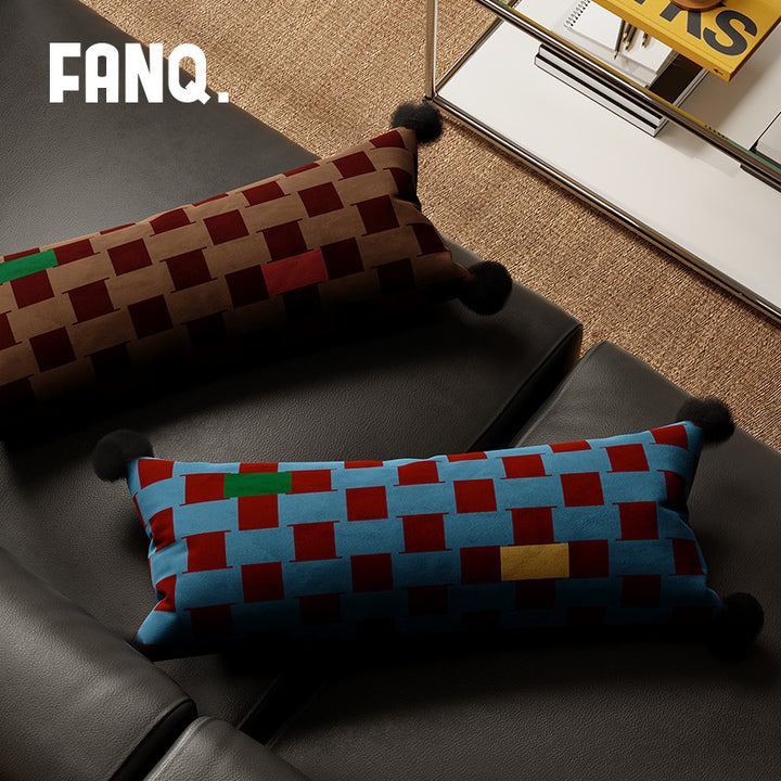 Decorative Long Lumbar Velvet Pillow with Checkerboard Jacquard, Pom-Pom Corners and Patchwork Accents