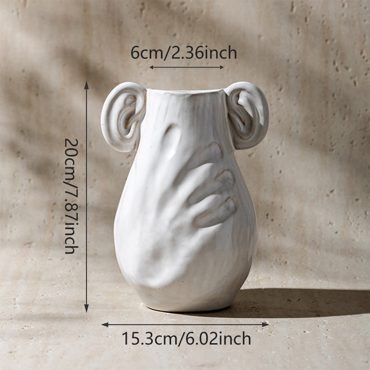 Handgefertigte Keramische Umarmungsvase mit skulpturalem Handrelief und Ohrhandgriffen