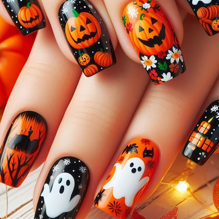 Kreative Halloween Kunstnägel mit Geister- und Kürbismotiv Karnz