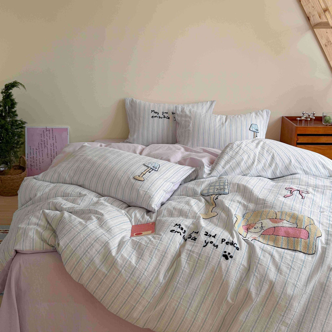 Bestickte Baumwoll-Bettdeckenbezug-Sets mit niedlichem Bären-Patchwork