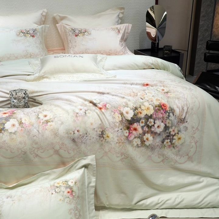 Luxuriöses Floral-Mikrofaser-Satin-Bettbezug-Set mit wendbaren dekorativen Kissenbezügen