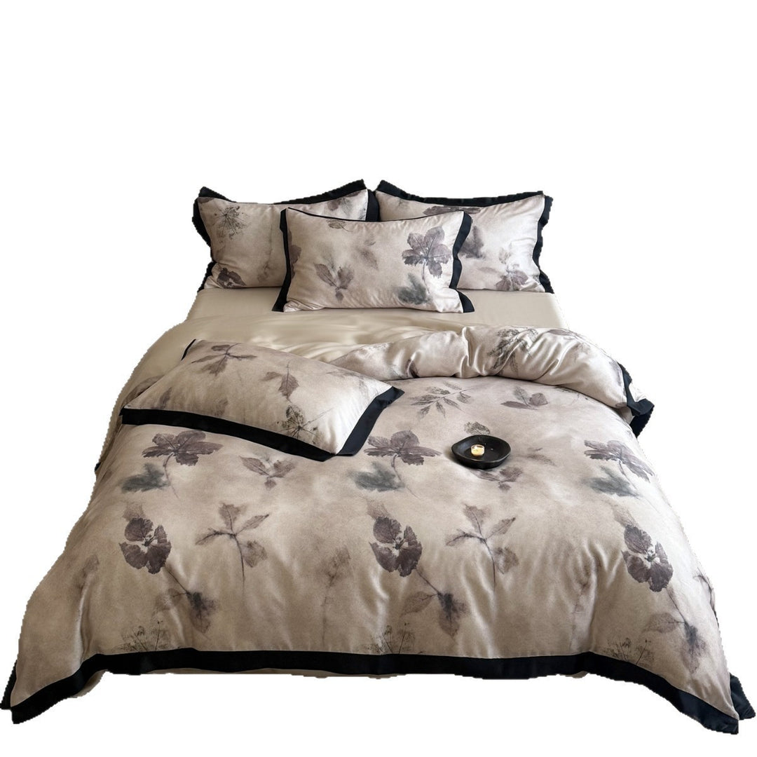 Luxuriöses Satin-Blumen-Bettwäsche-Set mit kontrastierendem schwarzem Rand