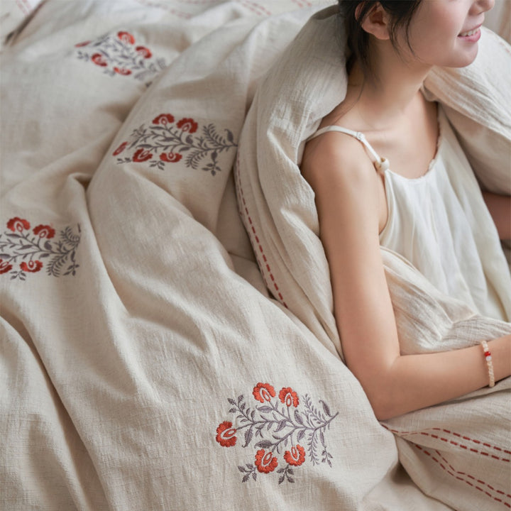 Handgenähte florale gestickte Leinen-Misch-Duvet-Bezug-Satz mit Quasten-Kissenbezügen